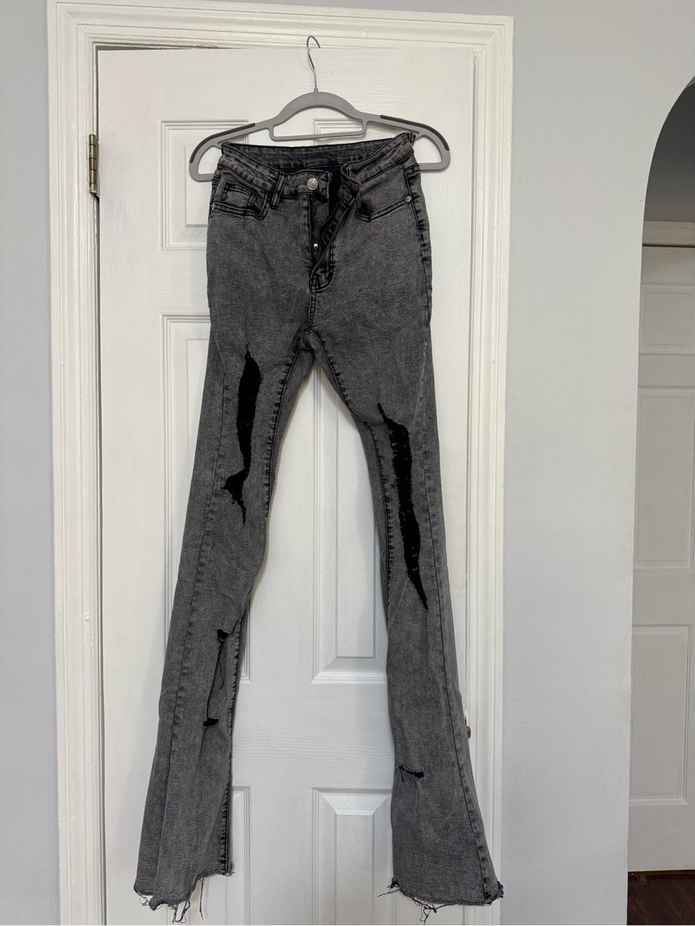 Tall Gray Distressed Flare Jeans High Rise Stretch Size S